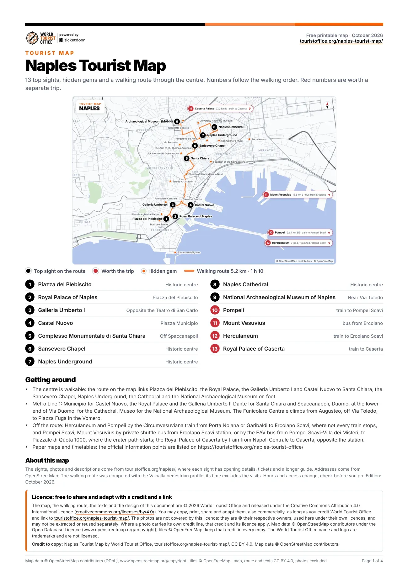 Page 1 of the free printable Naples tourist map PDF