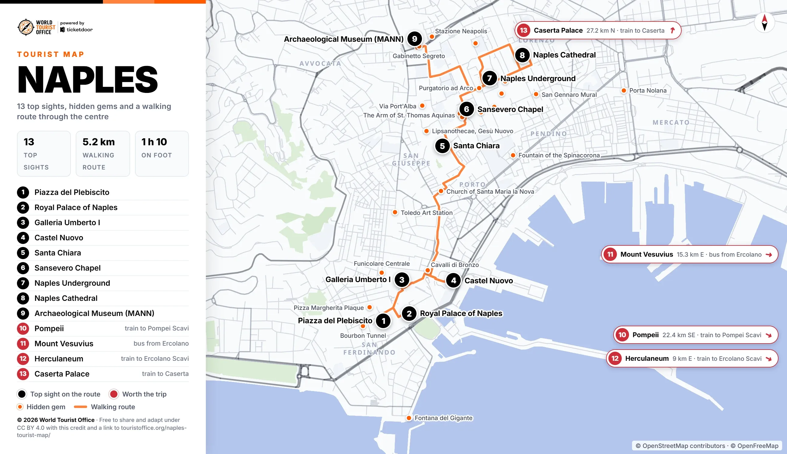 Naples tourist map with 13 numbered top sights, hidden gems and a walking route