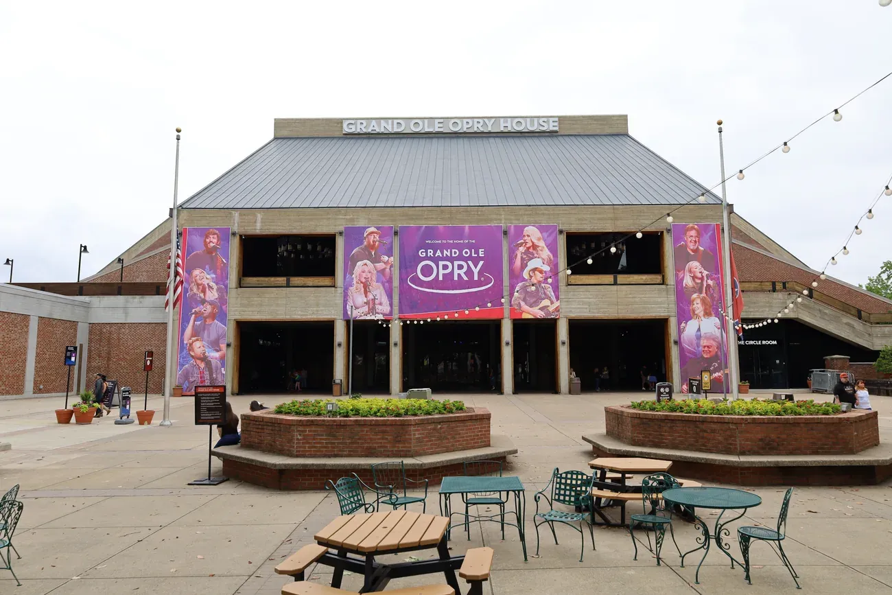 The Grand Ole Opry House facade with its marquee sign in Nashville, Tennessee