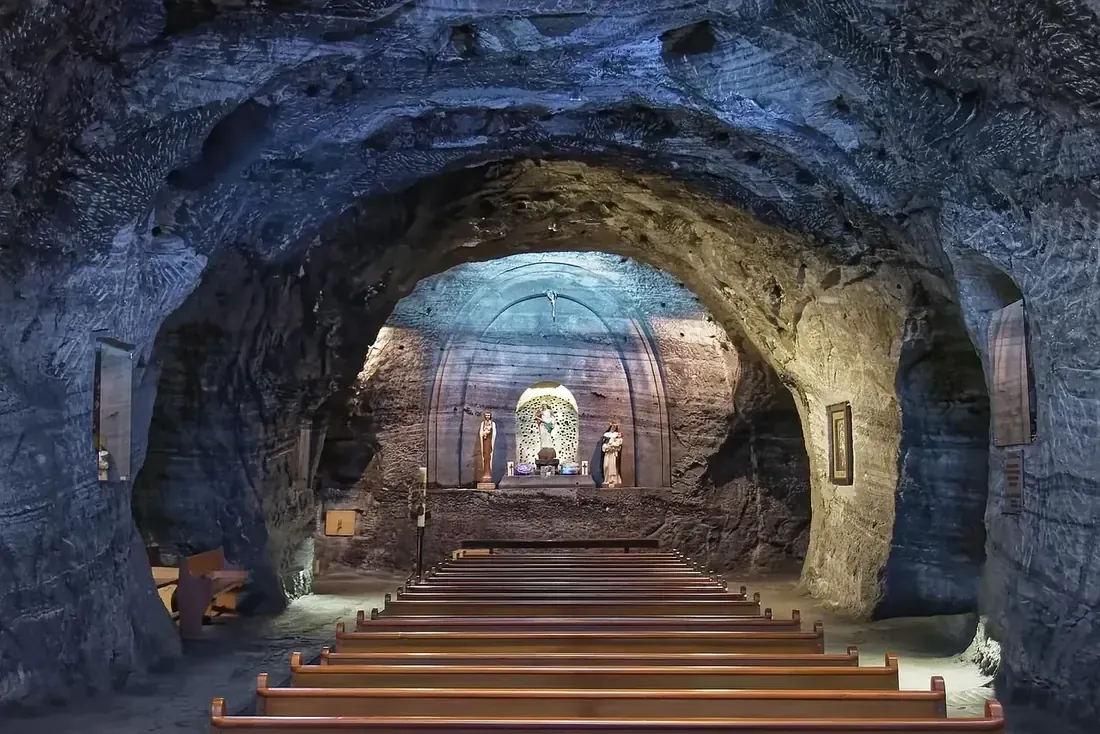 The lit nave of the Salt Cathedral carved inside the mine at Zipaquirá