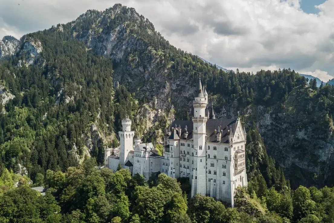 Aerial view of Neuschwanstein Castle near Fussen, Germany