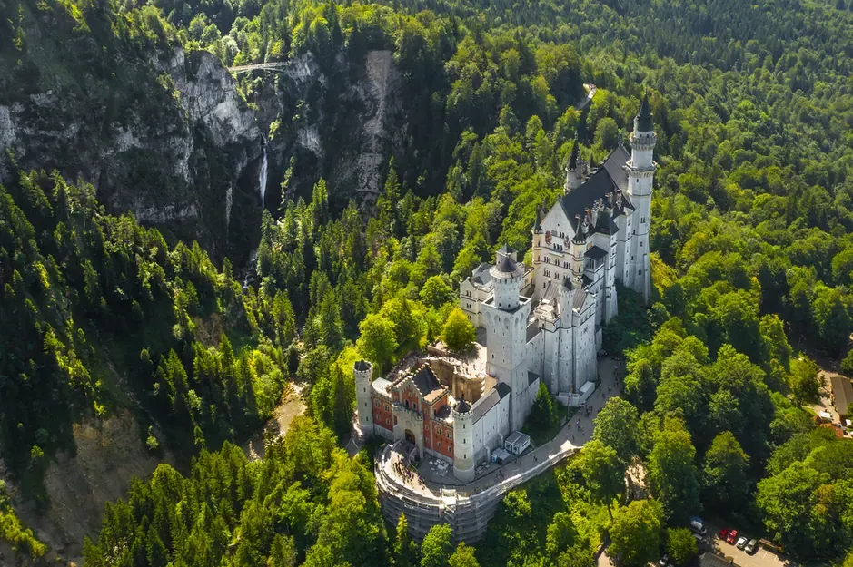 Aerial view of Neuschwanstein Castle in Schwangau, Bavaria