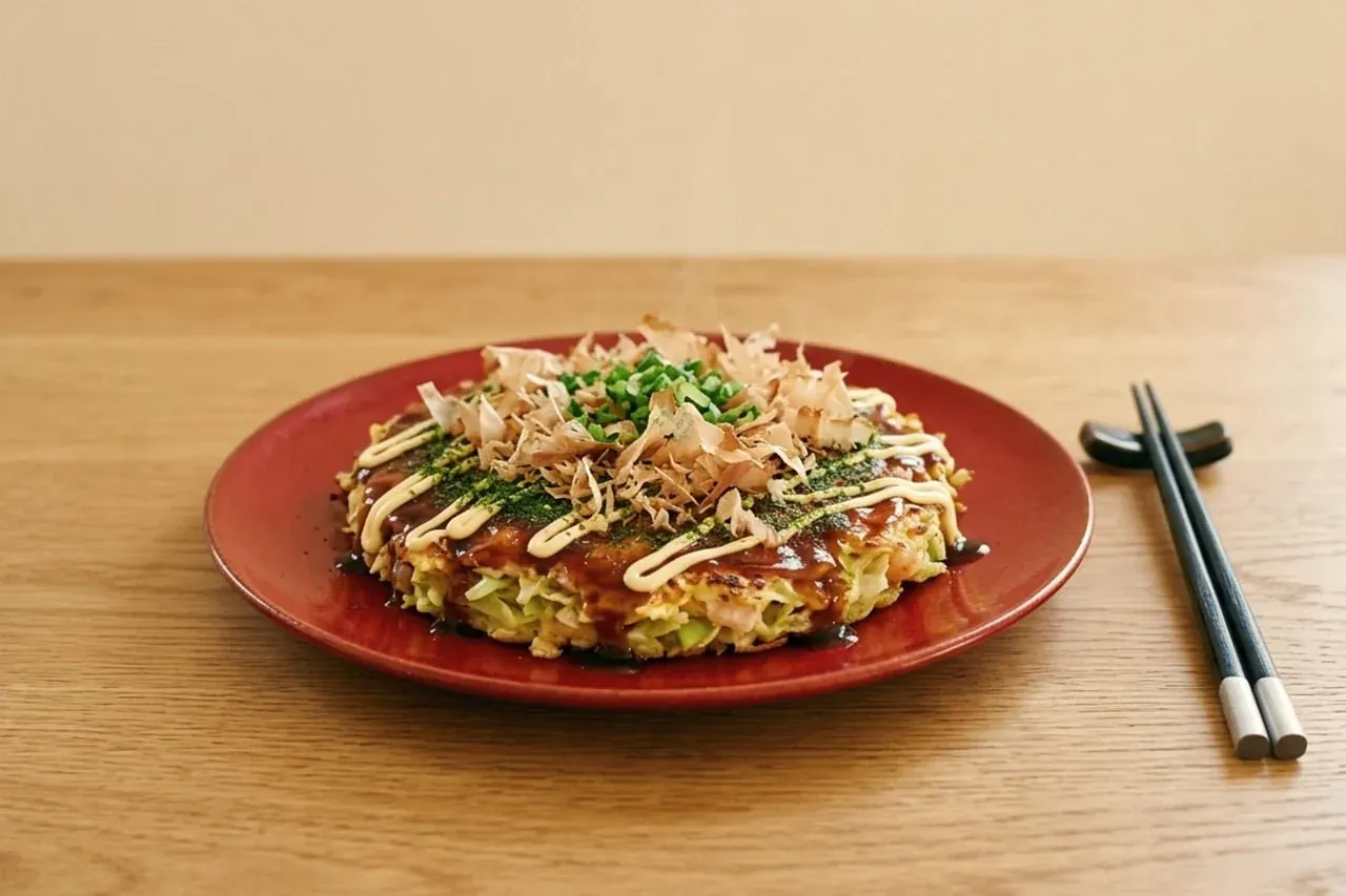An okonomiyaki savoury pancake topped with bonito flakes and sauce