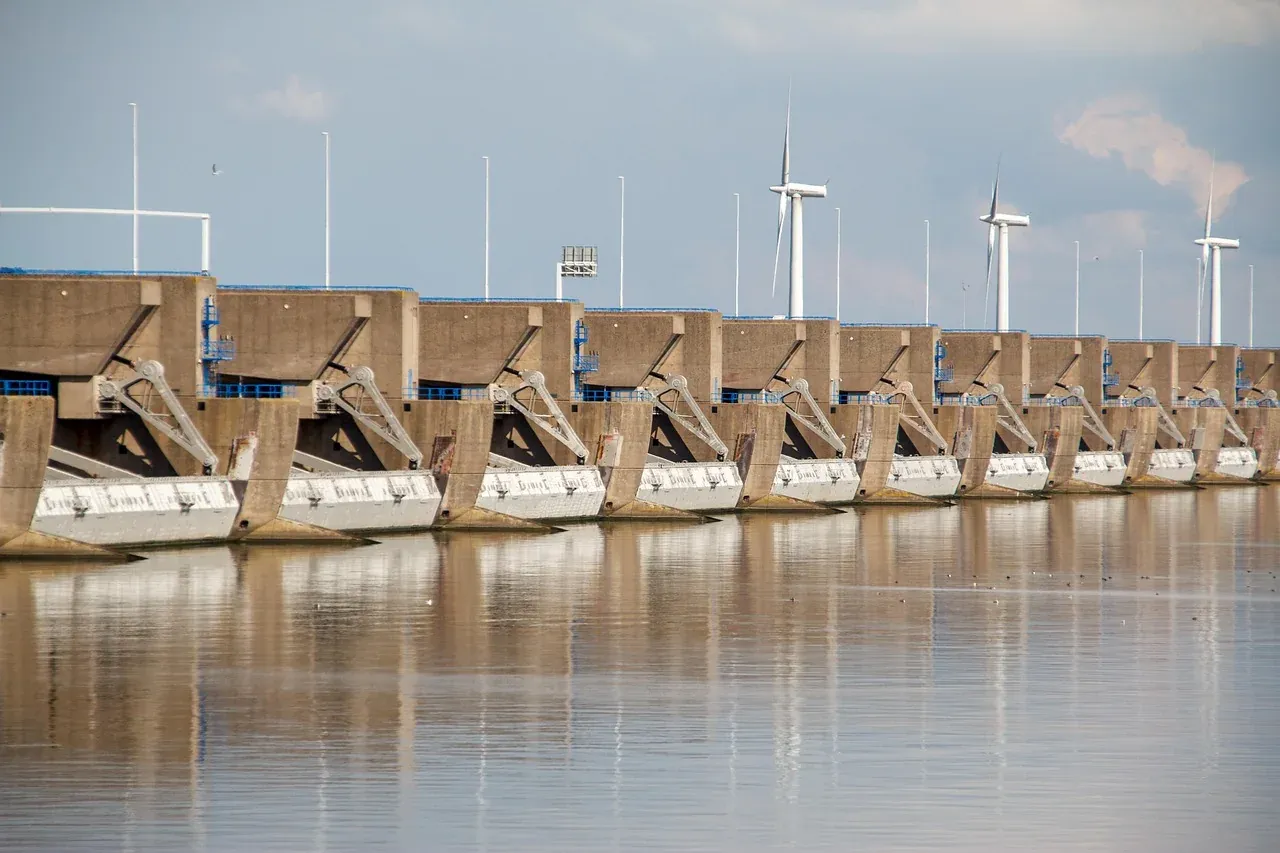 The concrete piers and sluice gates of the Oosterscheldekering storm surge barrier in Zeeland