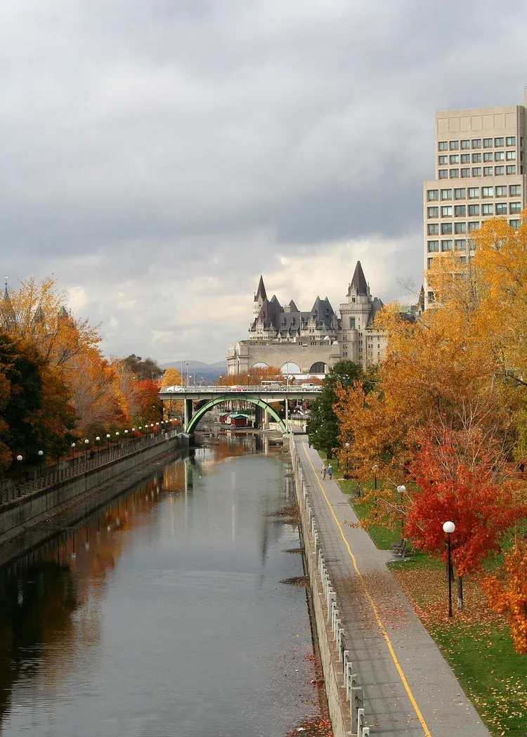 The Rideau Canal below the Chateau Laurier in Ottawa in autumn