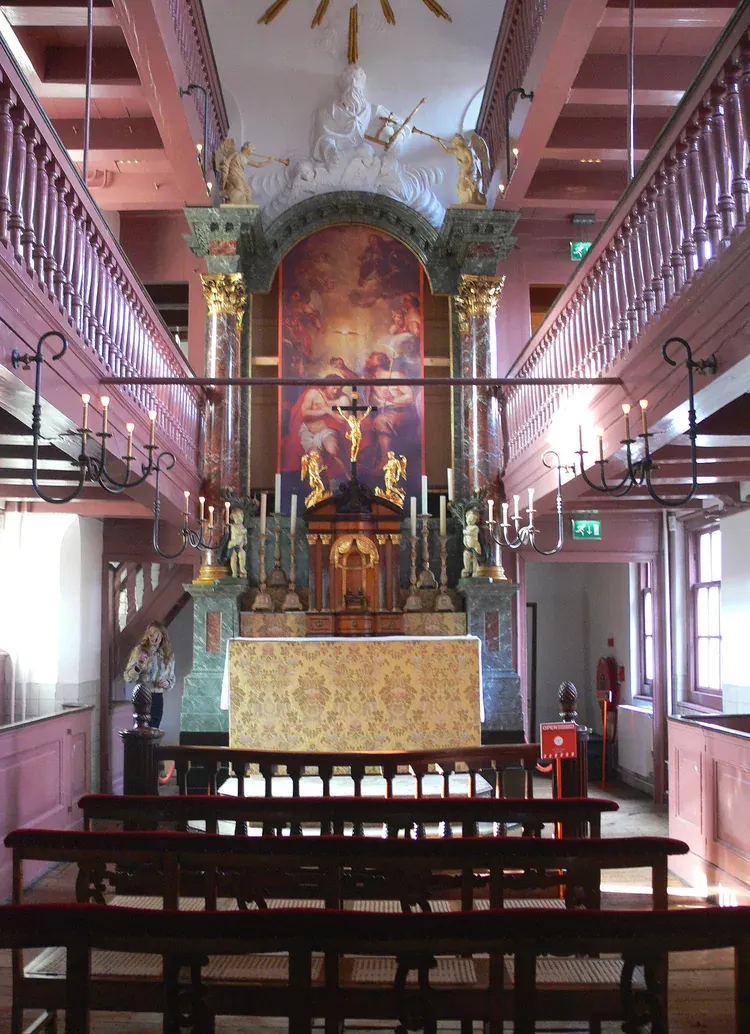 The altar and upper galleries of the hidden attic church at Our Lord in the Attic in Amsterdam