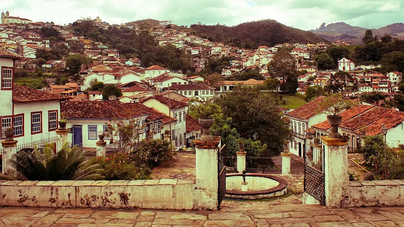 Colonial houses and red roofs on the hillside of Ouro Preto in Minas Gerais
