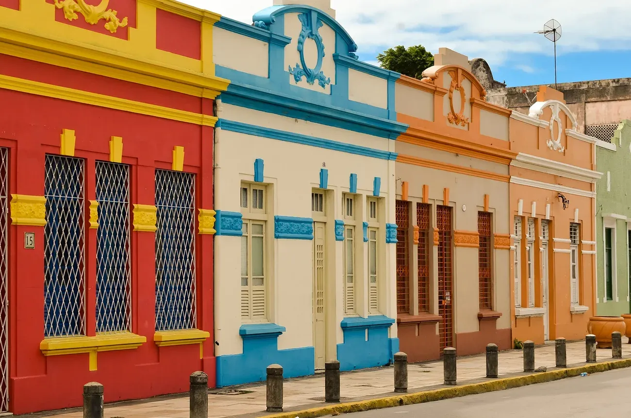 A row of brightly painted colonial houses in the old town of Olinda
