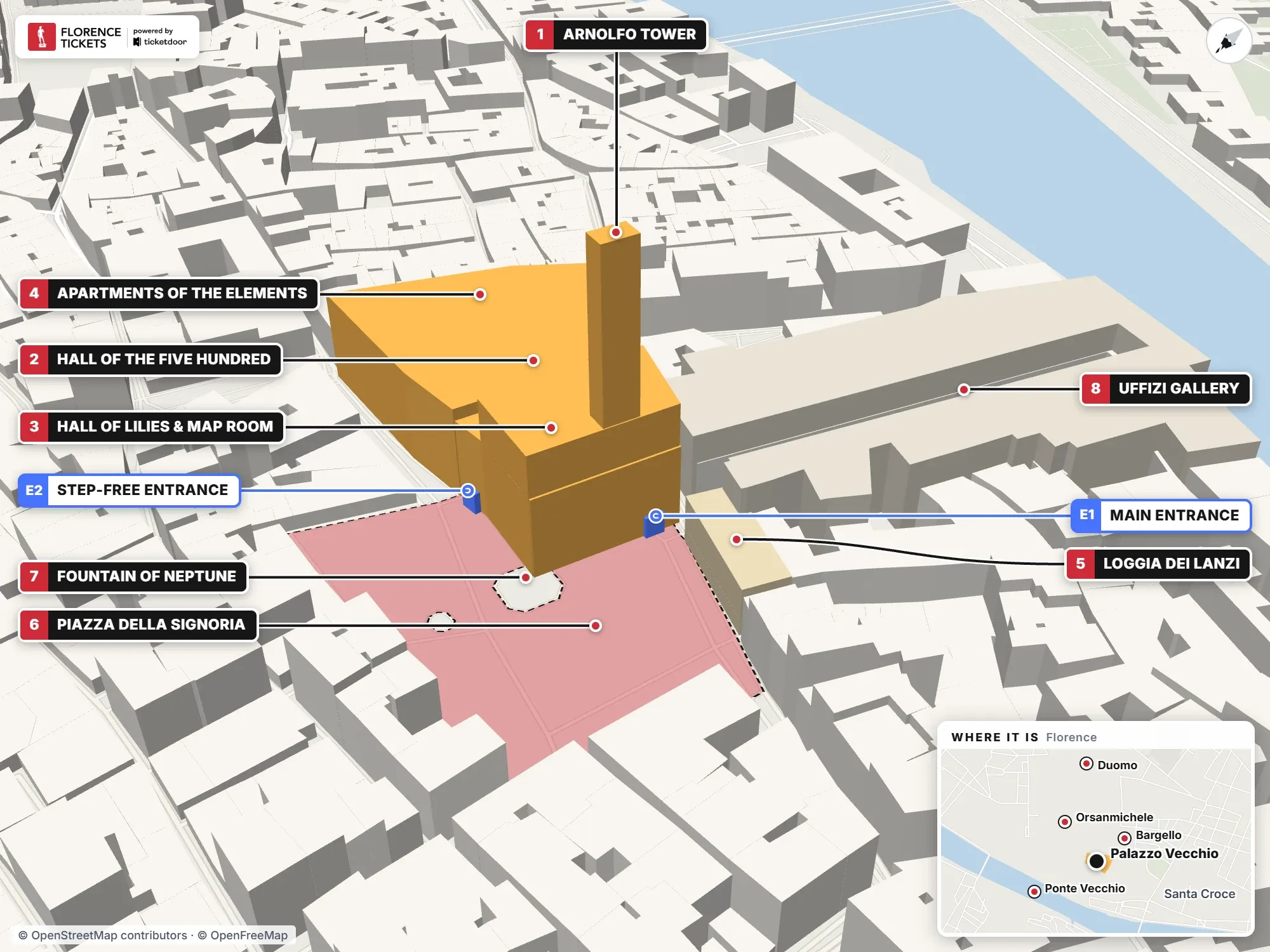 3D map of Palazzo Vecchio in Florence with its entrances and highlights numbered