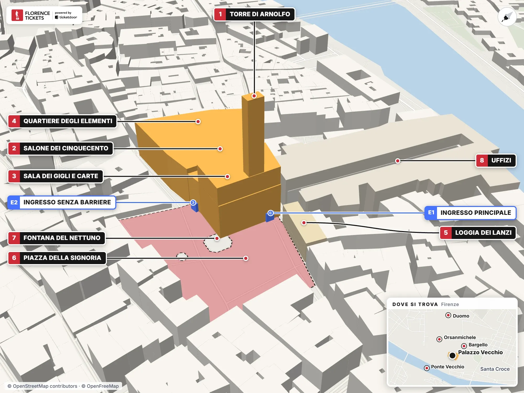 Mappa 3D di Palazzo Vecchio a Firenze con ingressi e punti di interesse numerati