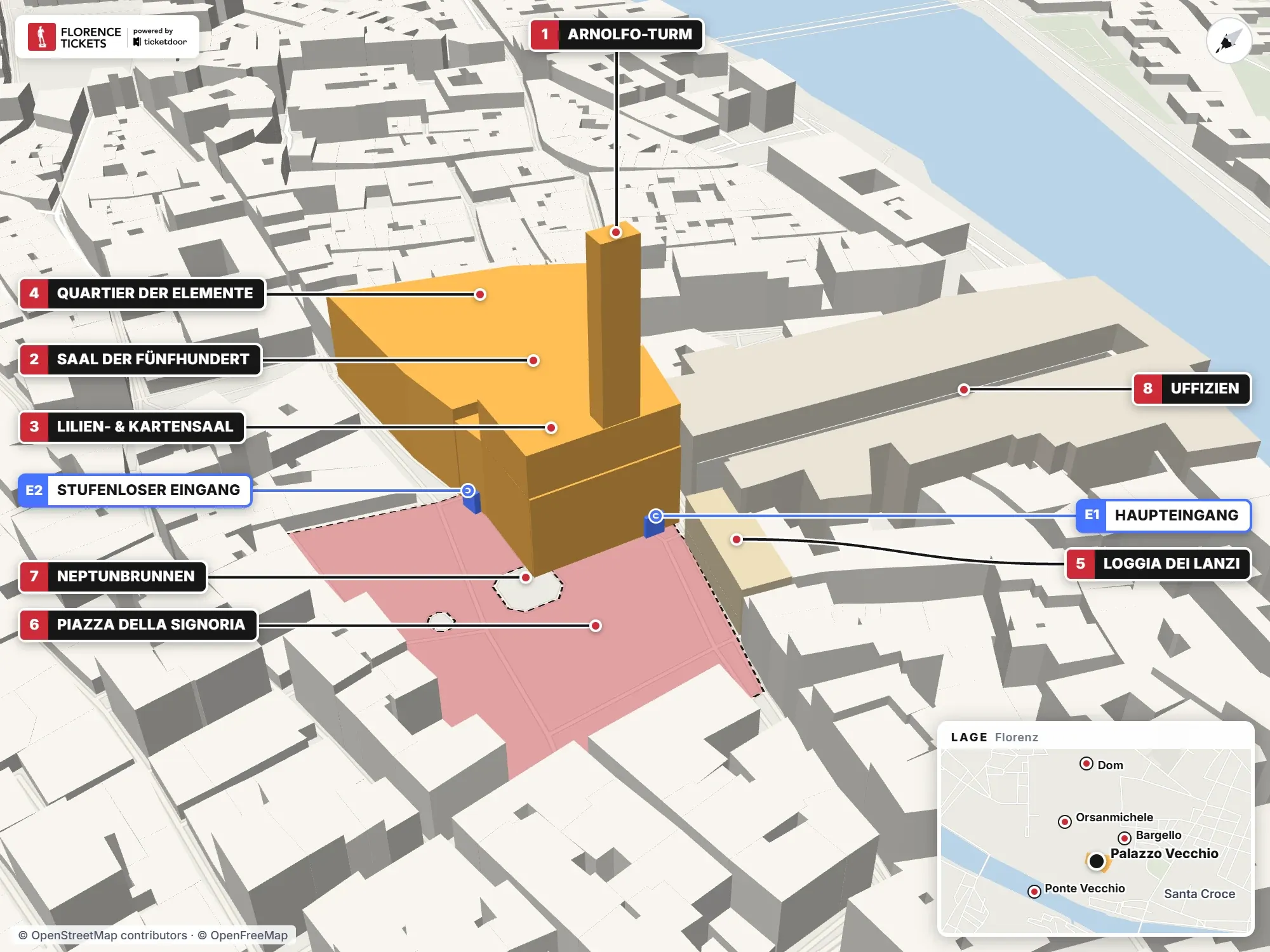 3D-Plan des Palazzo Vecchio in Florenz mit nummerierten Eingängen und Sehenswürdigkeiten