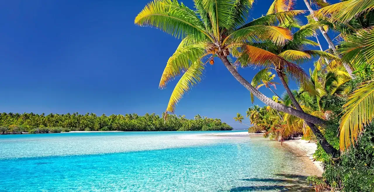 A palm-fringed white beach on the lagoon of Aitutaki in the Cook Islands