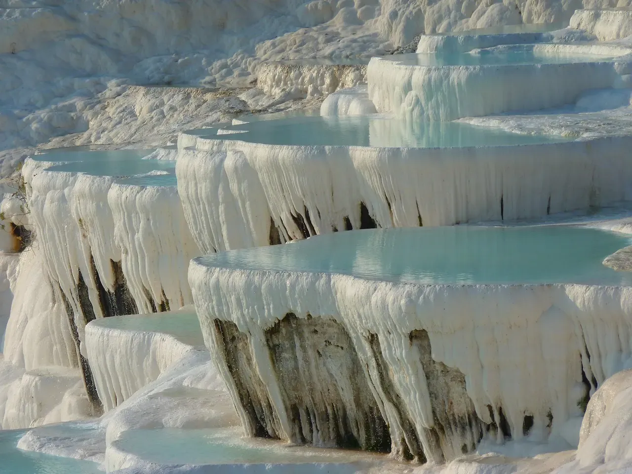 White travertine terraces and shallow pools at Pamukkale