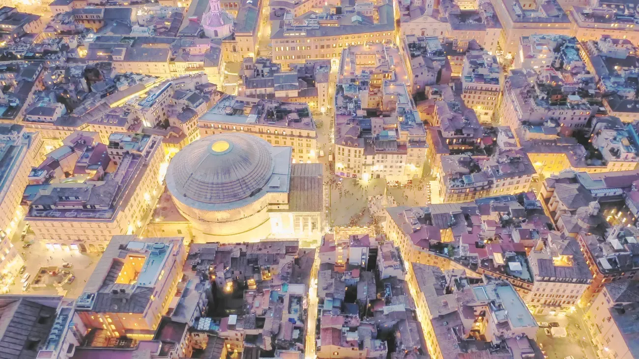 Aerial night view of the Pantheon in Rome