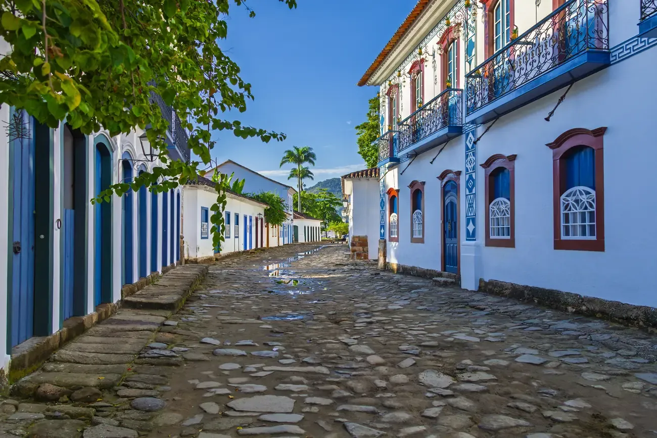 A colonial cobbled street with colourful doors in Paraty, Brazil