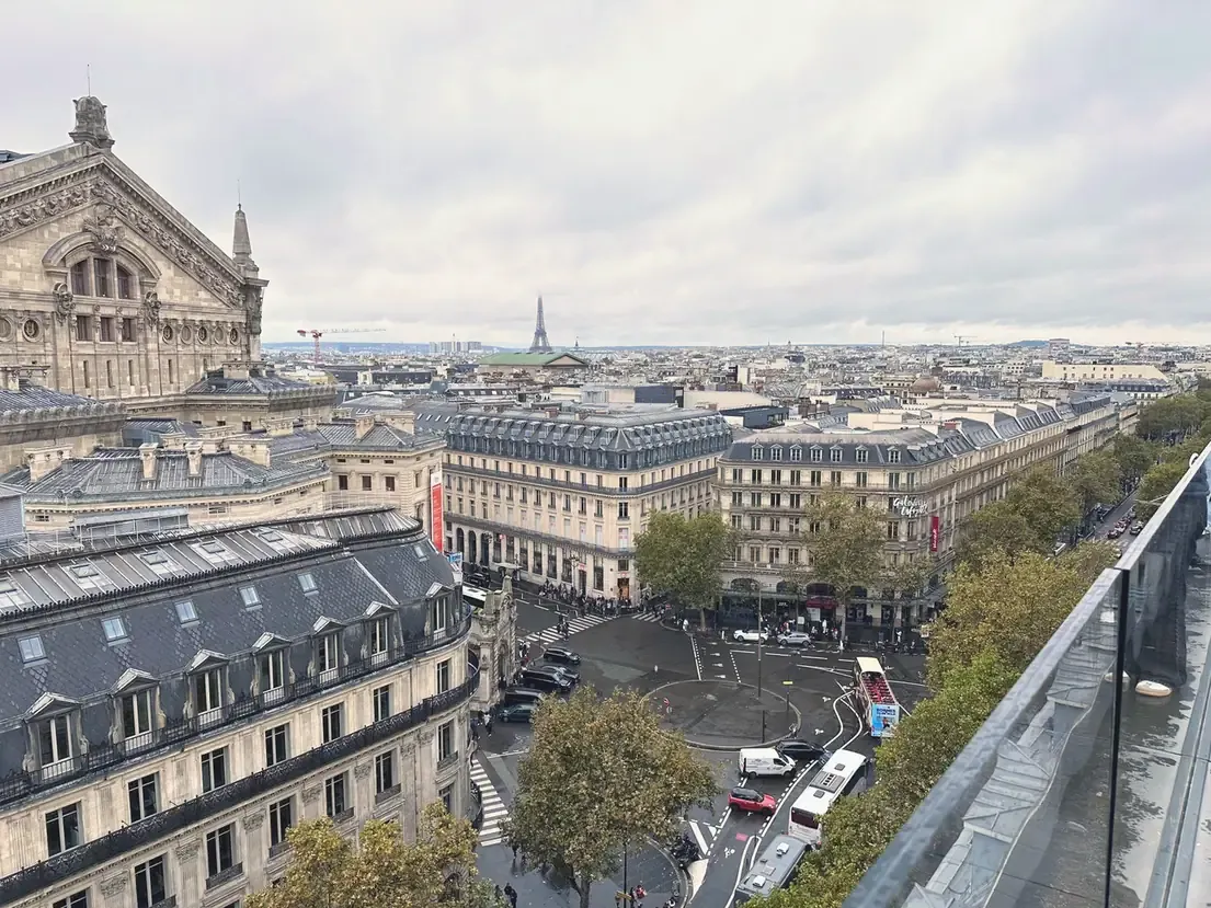 View over the Paris rooftops to the Eiffel Tower from the Galeries Lafayette rooftop terrace