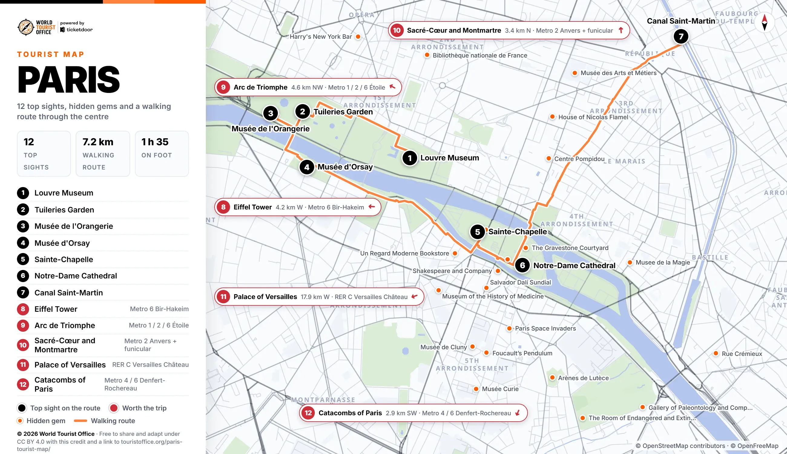 Paris tourist map with 12 numbered top sights, hidden gems and a walking route