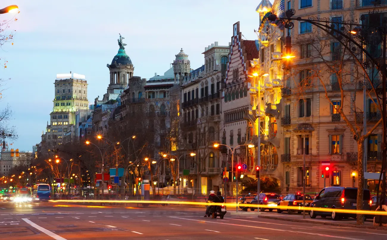 Passeig de Gracia at winter sunset in Barcelona