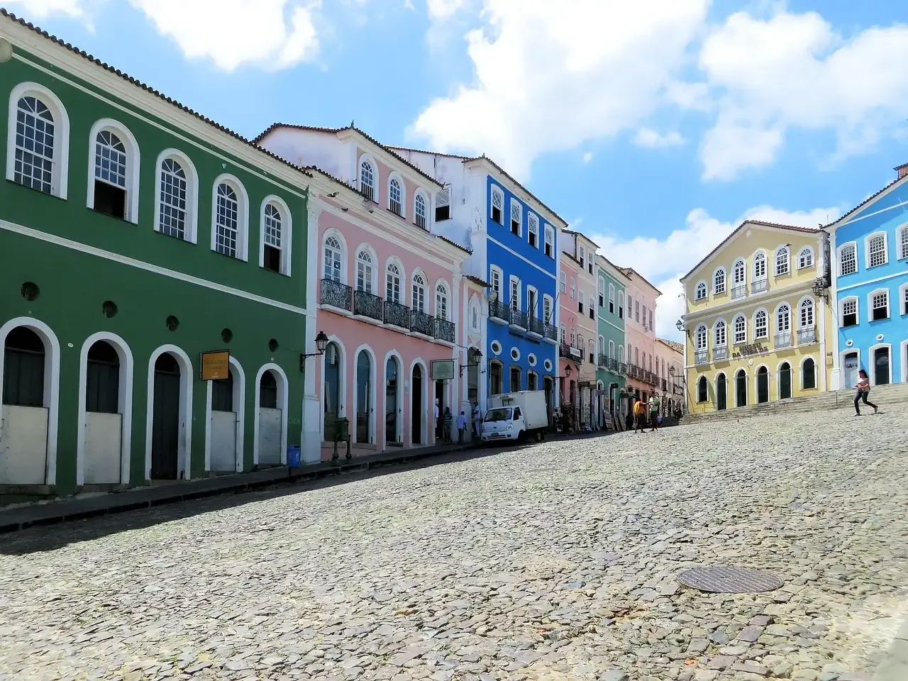 Painted colonial houses along a cobbled street in Pelourinho, Salvador