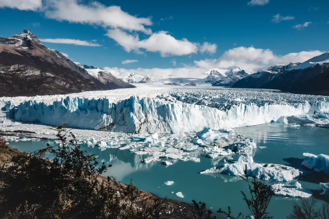 The Perito Moreno Glacier and icebergs on the lake near El Calafate