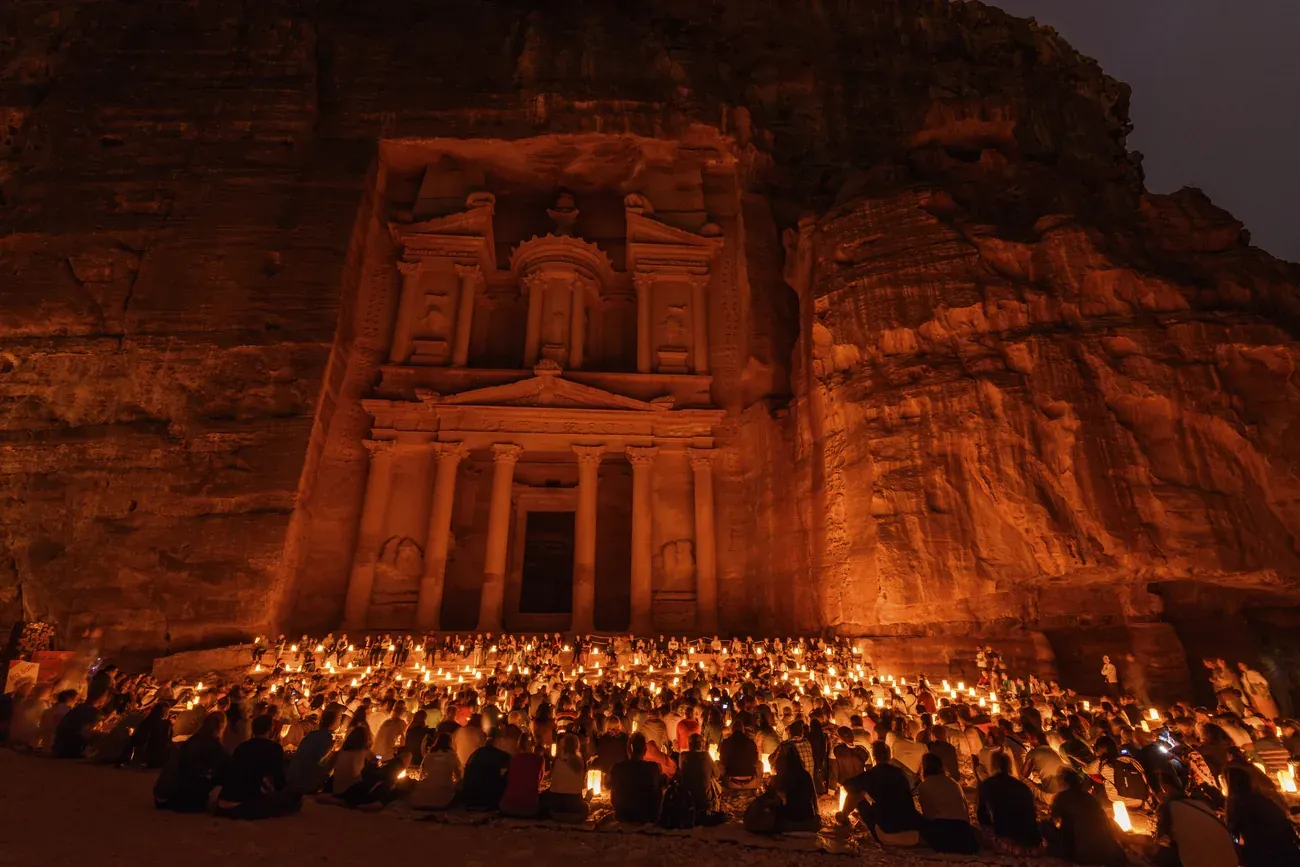 The Treasury of Petra lit by candlelight at night, Jordan