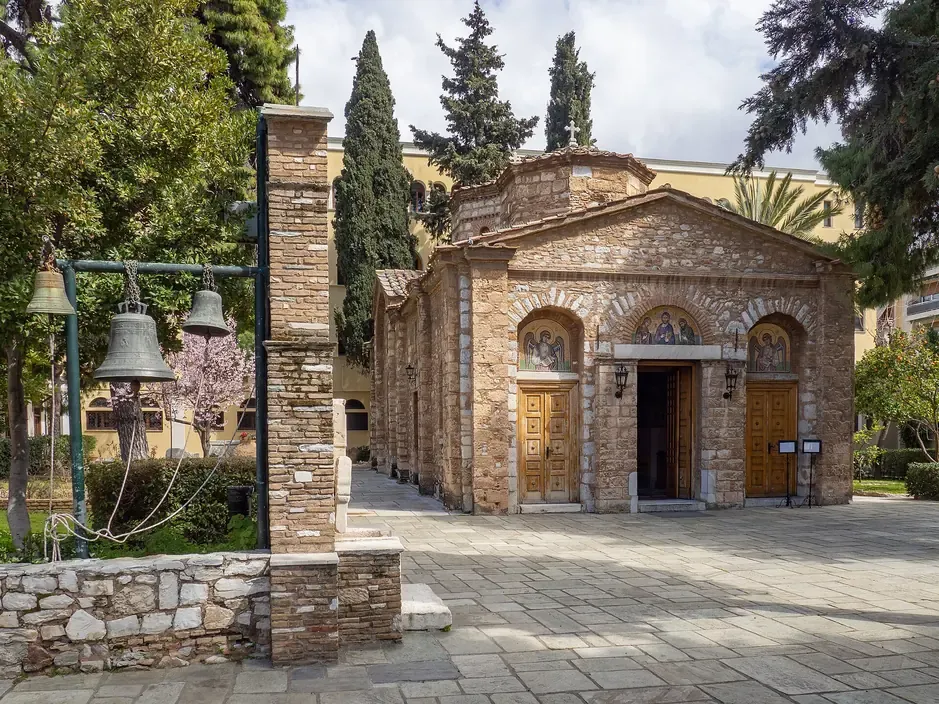 The Byzantine church of Petraki Monastery with its bell frame in the courtyard in Kolonaki, Athens
