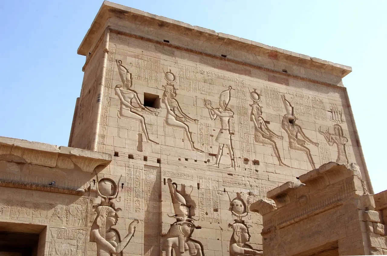 The carved pylon of the temple of Isis at Philae near Aswan