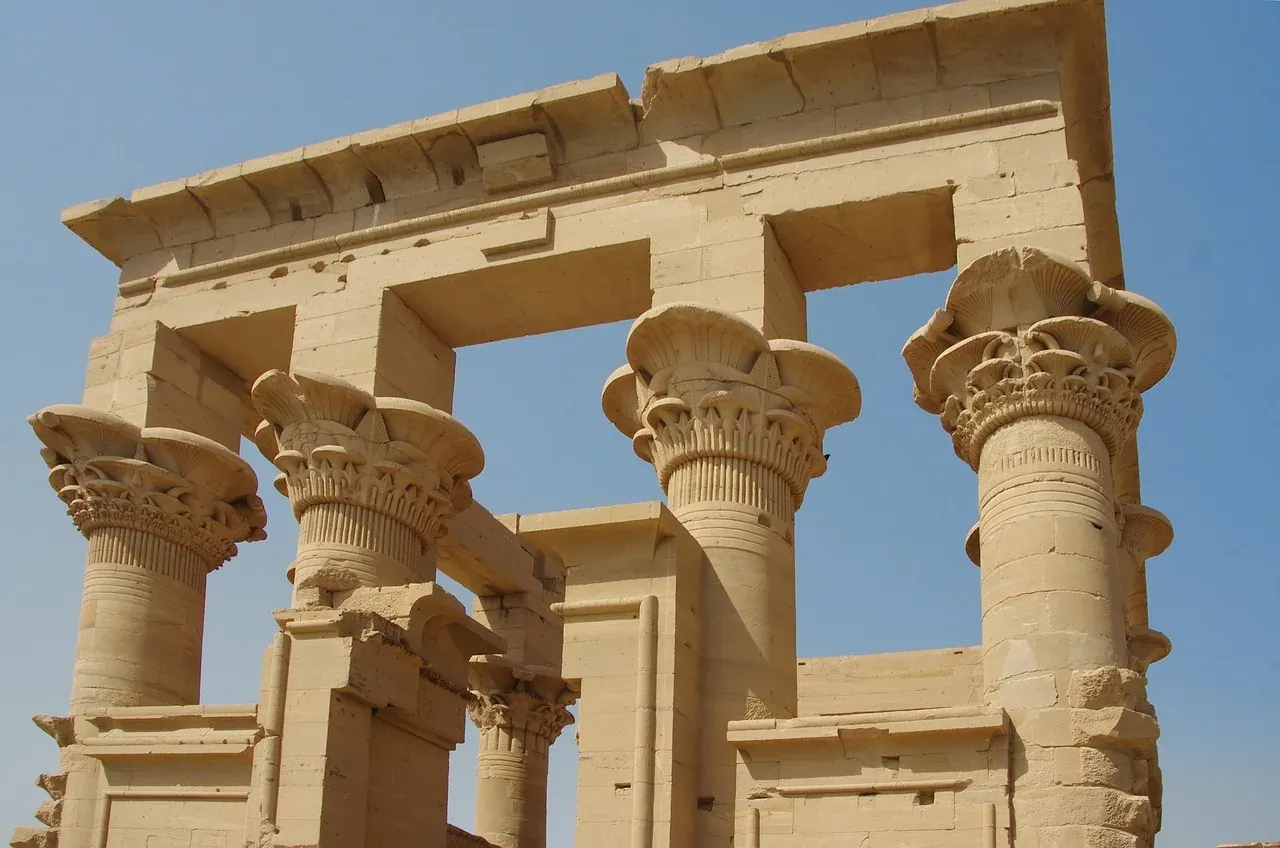 Columns of the colonnade at the Philae temple complex near Aswan
