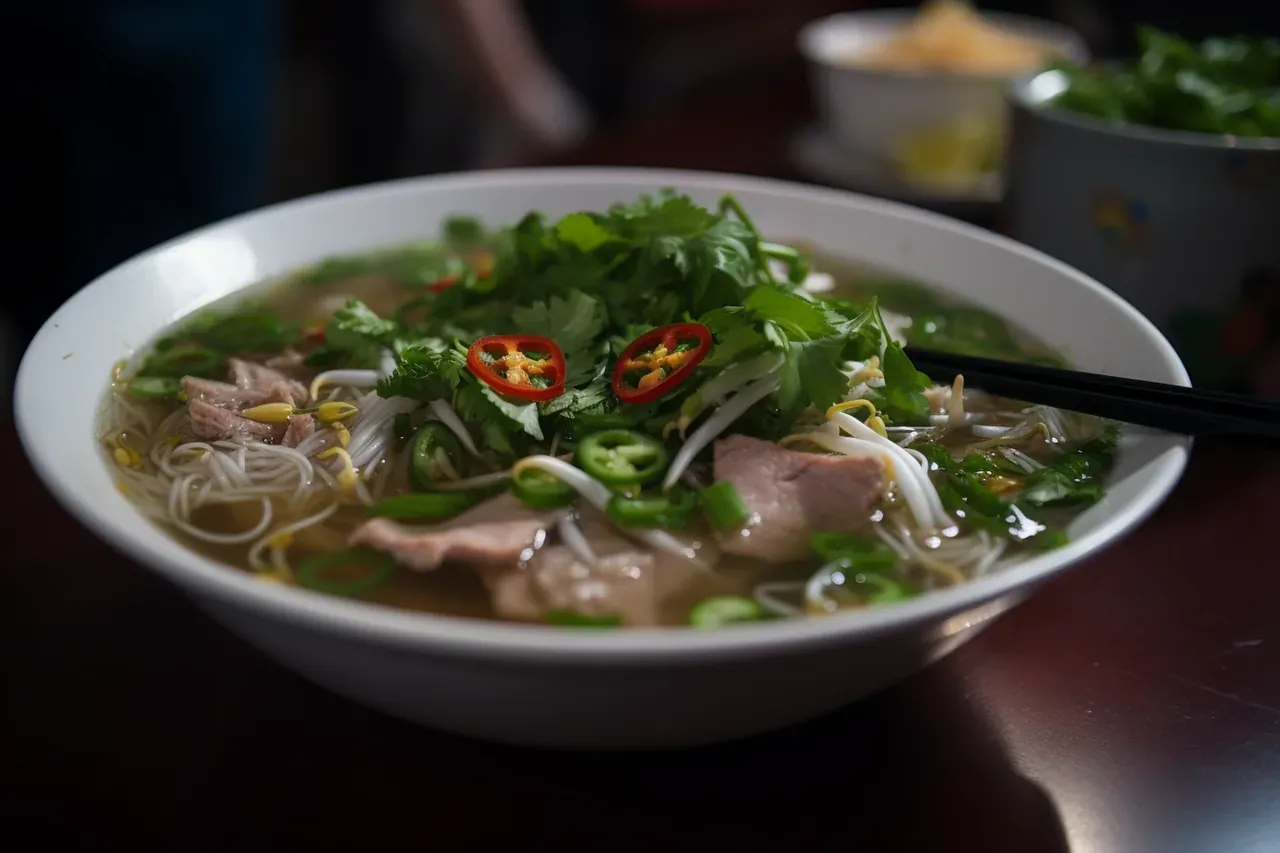 A bowl of pho bo, Vietnamese beef noodle soup, topped with herbs and chilli