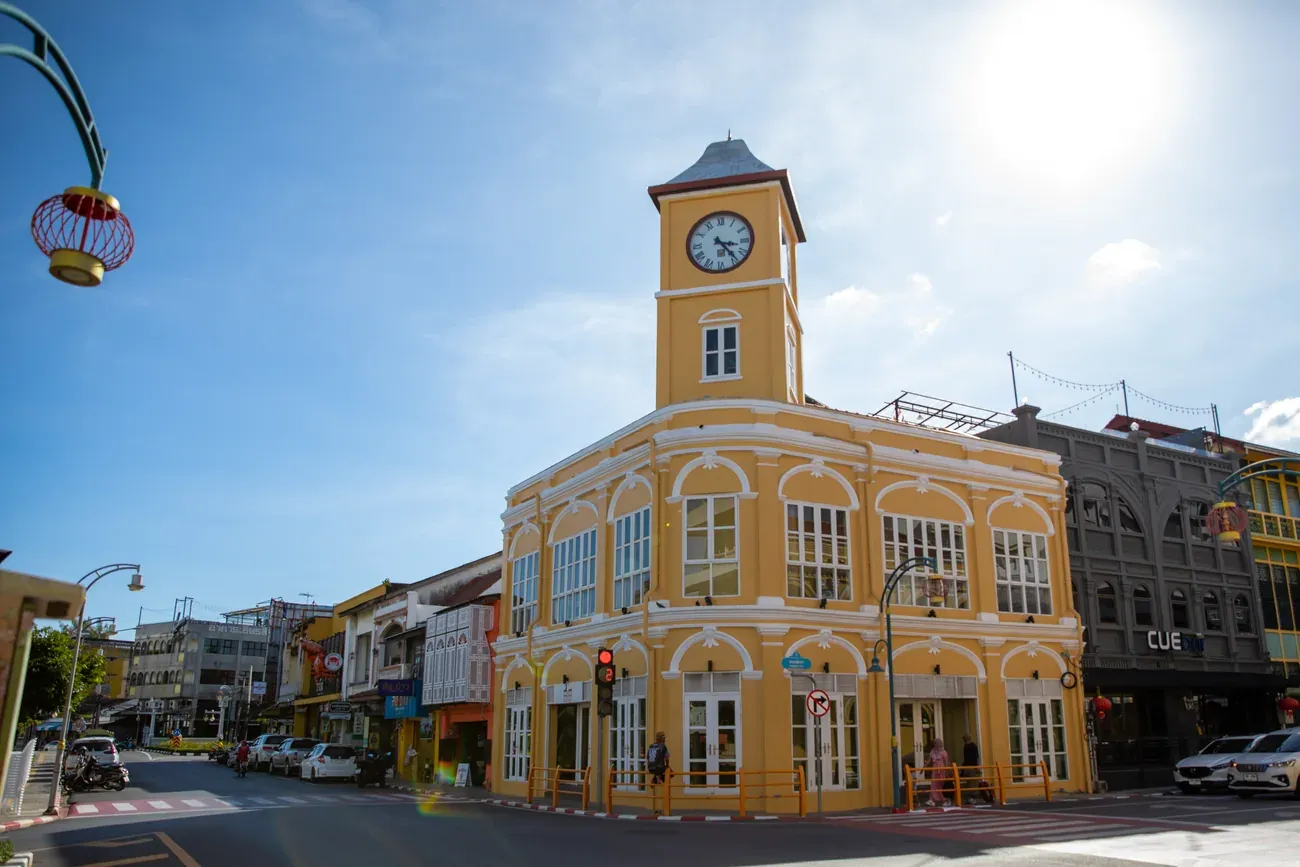 The yellow Sino-Portuguese clock tower in Old Phuket Town