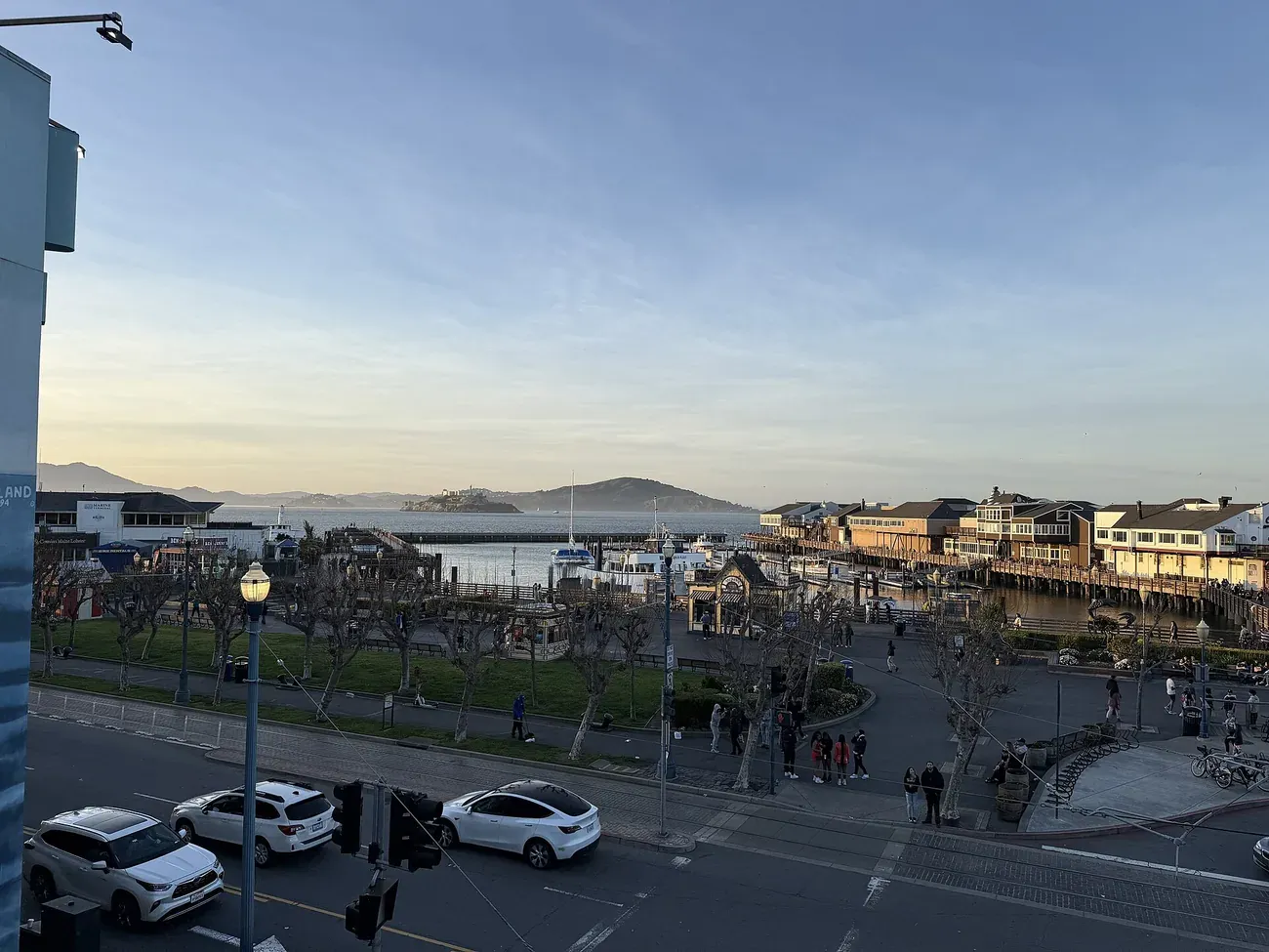 Pier 39 and the boats of Fisherman's Wharf seen from above in San Francisco