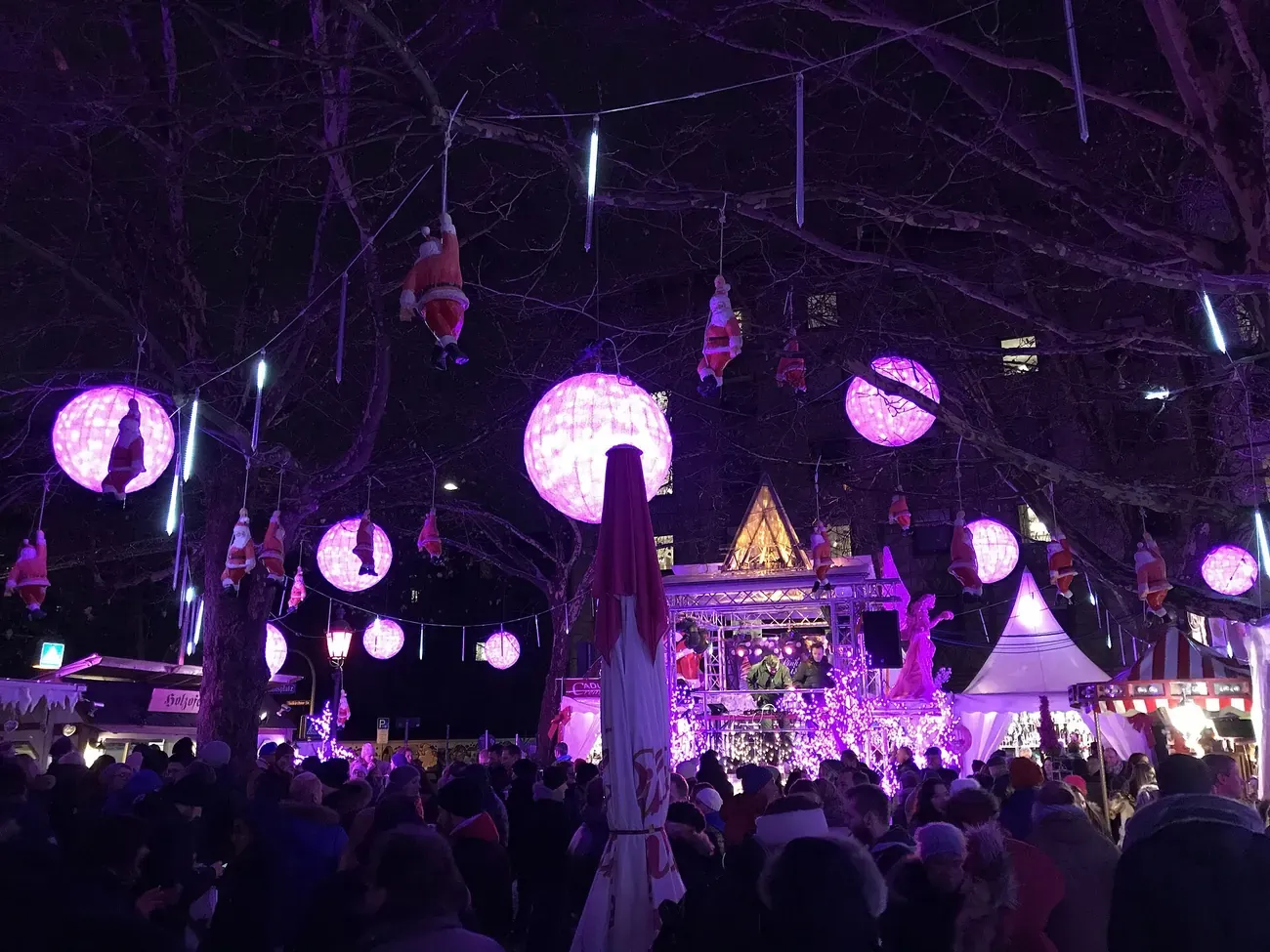 Pink lights and lanterns over Pink Christmas on Stephansplatz at night, Munich