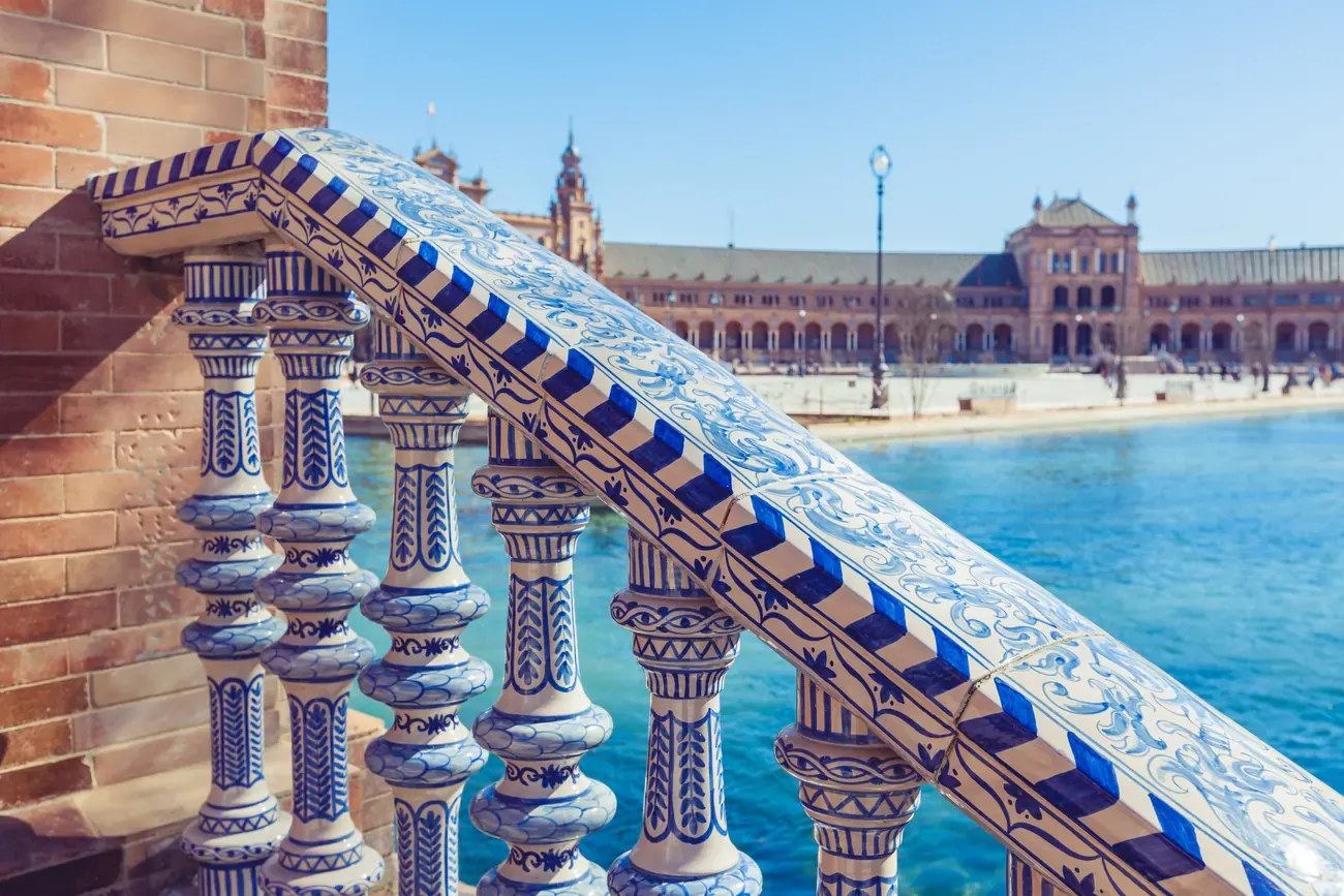 Painted ceramic balustrade detail at Plaza de Espana, Seville