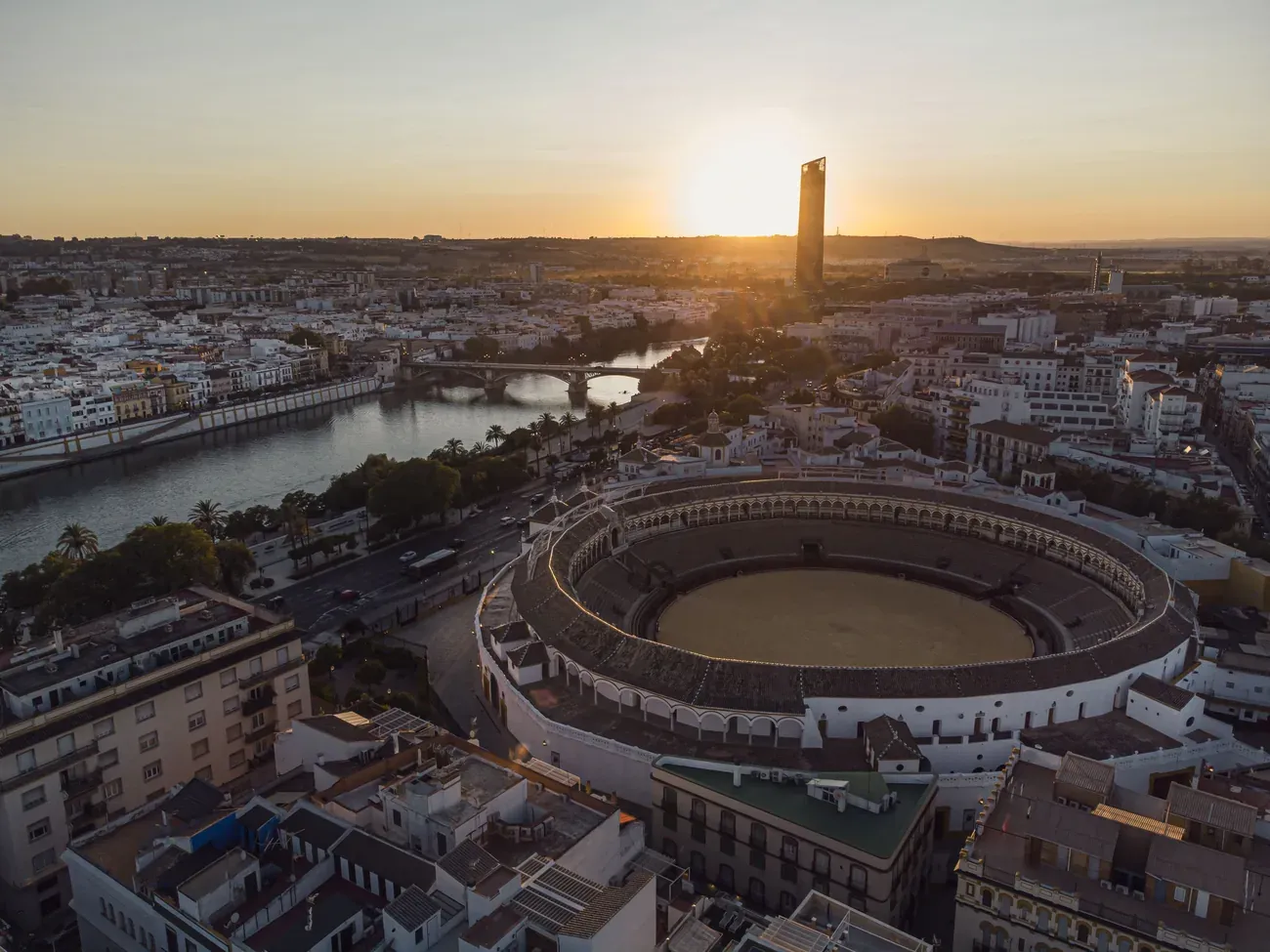 Aerial view of the Maestranza bullring at sunset, Seville