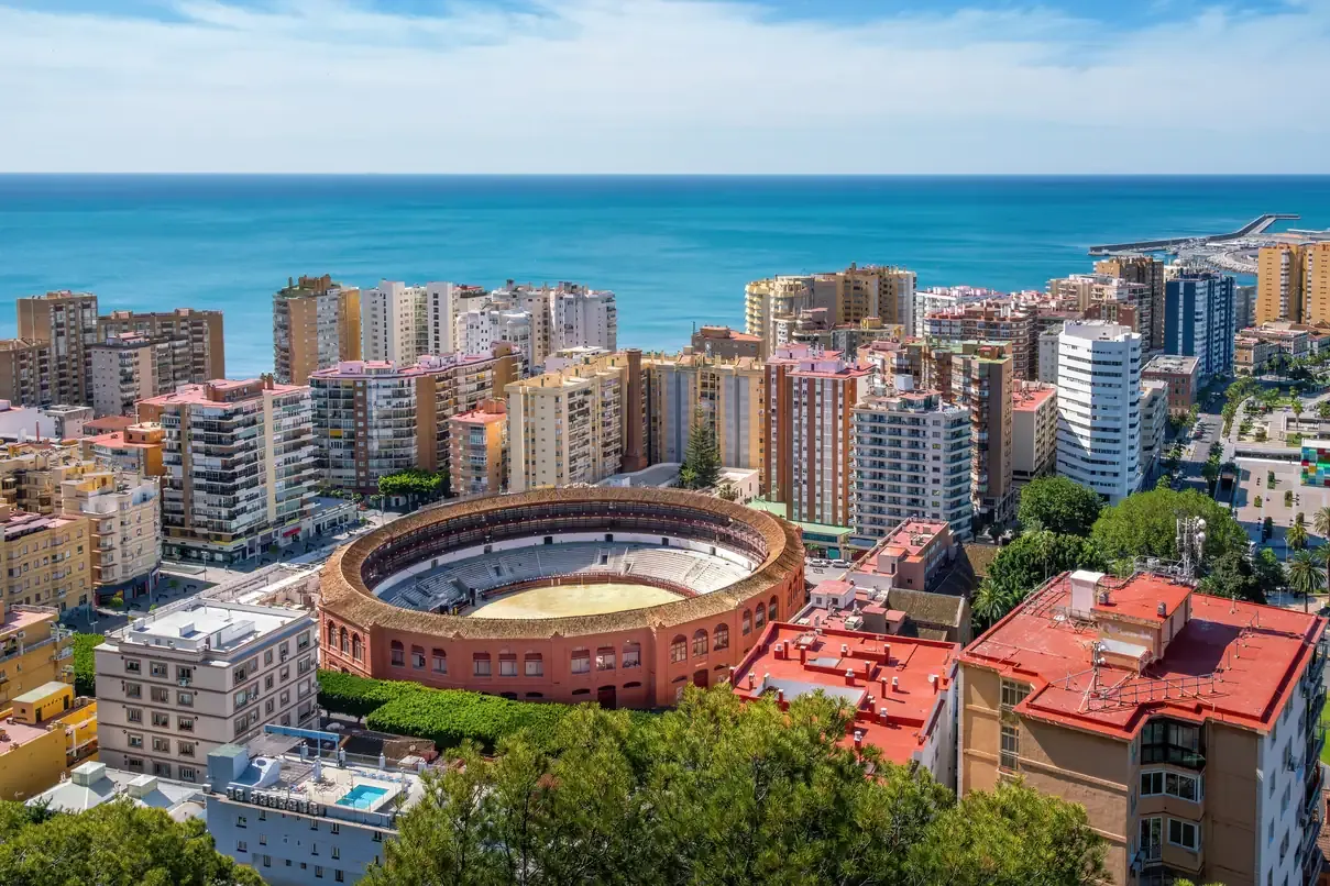 Aerial view of the La Malagueta bullring beside the sea, Malaga