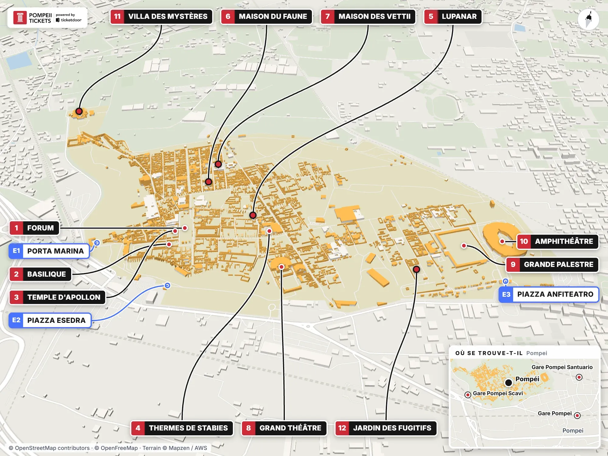 Carte 3D des fouilles de Pompéi avec les trois entrées et les principaux sites numérotés