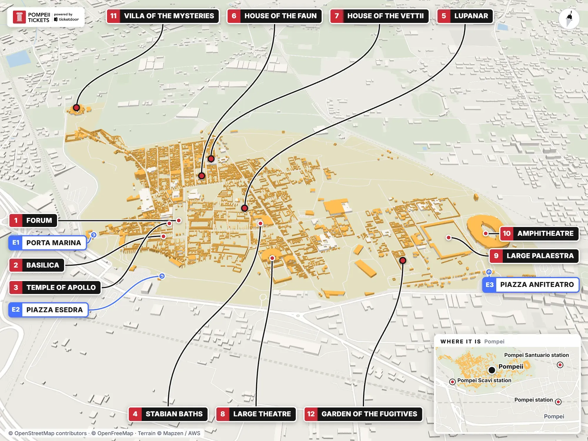 3D map of the excavations of Pompeii with the three entrances and main sights numbered