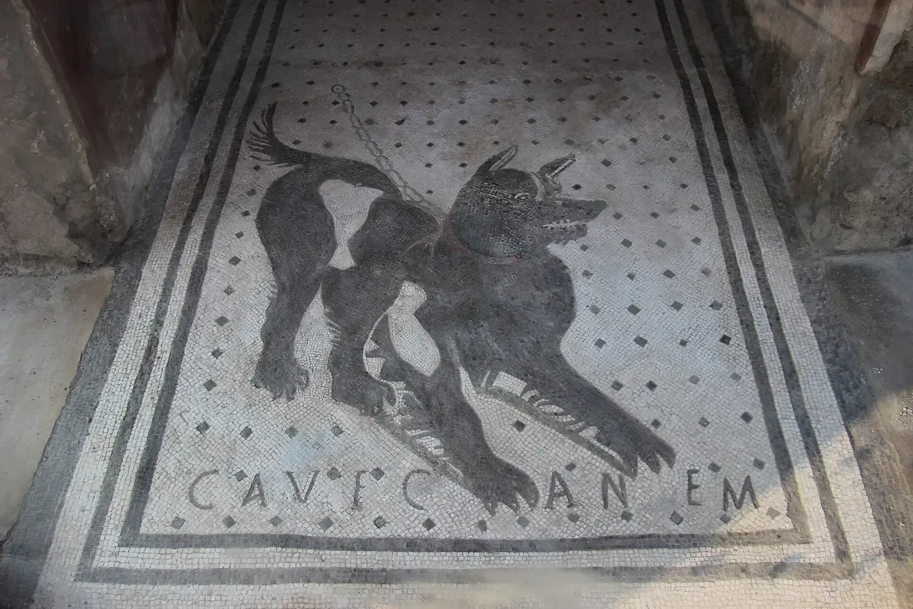 The Cave Canem mosaic of a chained dog at the entrance of the House of the Tragic Poet in Pompeii