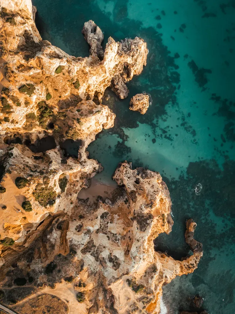 Aerial view of the Ponta da Piedade cliffs in Lagos, Algarve