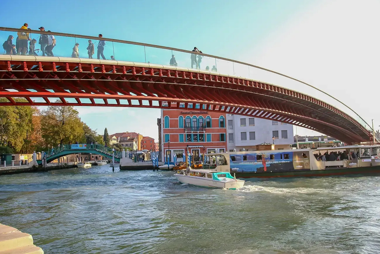 Visitors crossing the Ponte della Costituzione between Piazzale Roma and Santa Lucia station in Venice