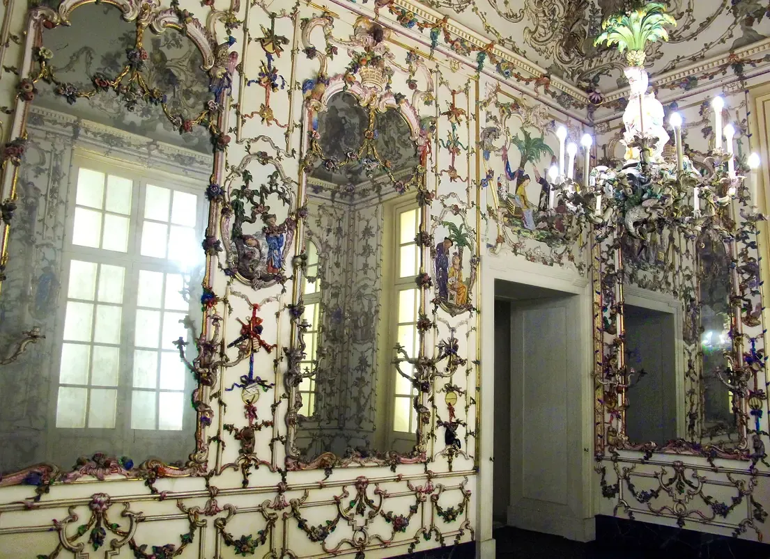 Walls and chandelier of the porcelain room made for Queen Maria Amalia, now in the Capodimonte museum in Naples