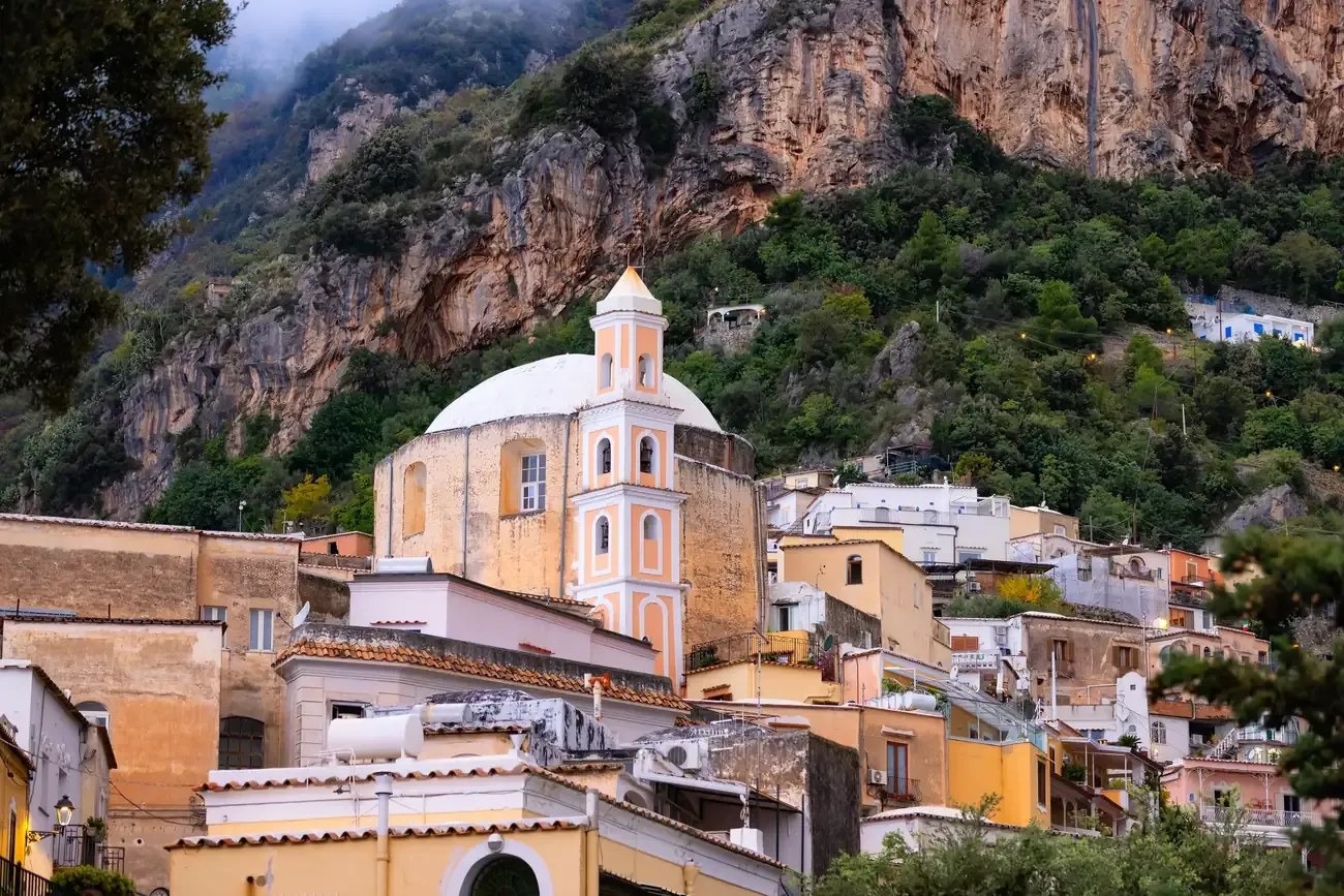 A hillside view over the terraced houses of Positano on the Amalfi Coast