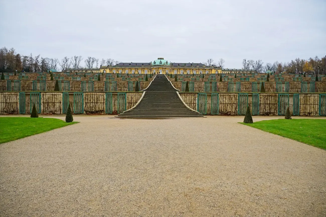 Wide view of Sanssouci Palace and its grand staircase, Potsdam, Germany