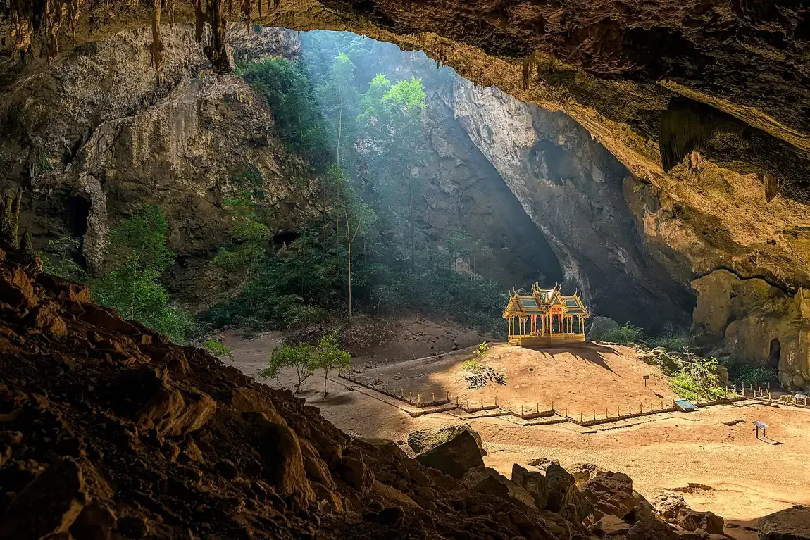 The royal pavilion lit by a shaft of sunlight in Phraya Nakhon Cave