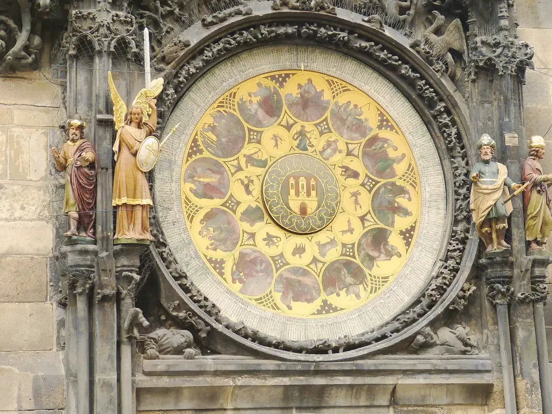 The calendar dial and flanking figures of the Prague astronomical clock