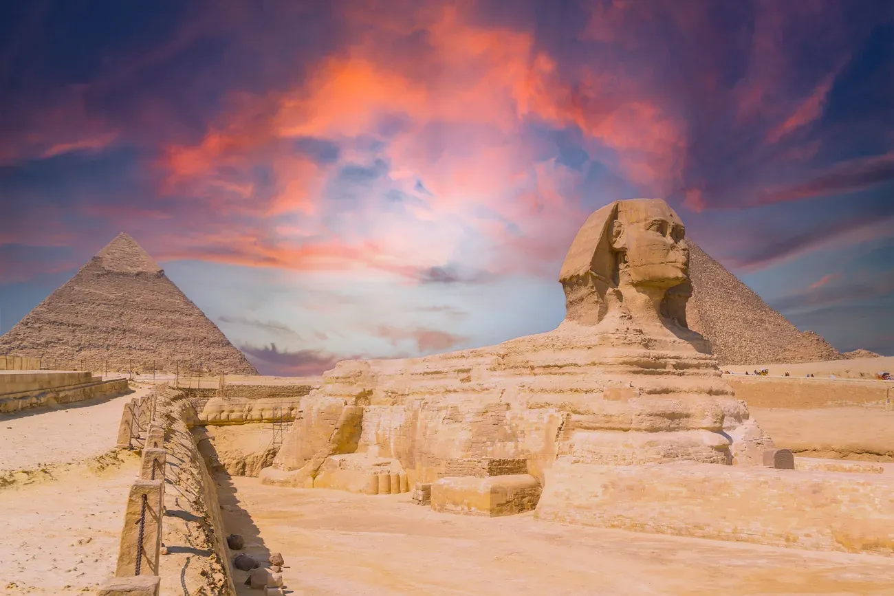 The Great Sphinx and the pyramids of Giza at sunset, Egypt