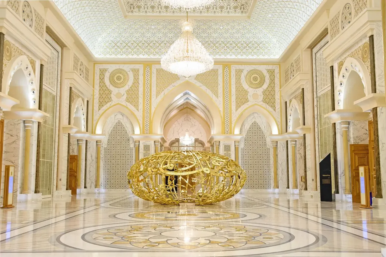 The domed Great Hall of Qasr Al Watan with its chandelier in Abu Dhabi