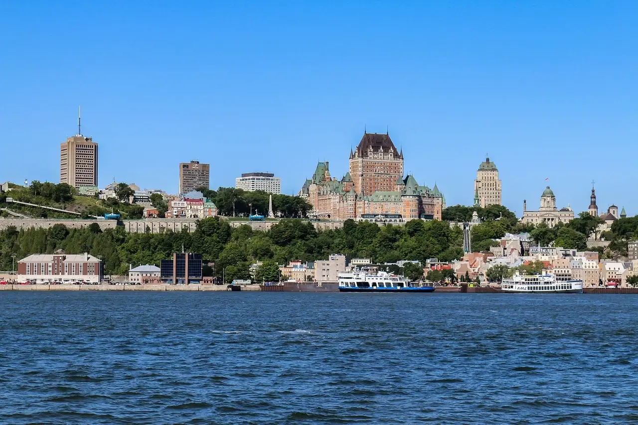 The skyline of Quebec City above the St Lawrence River