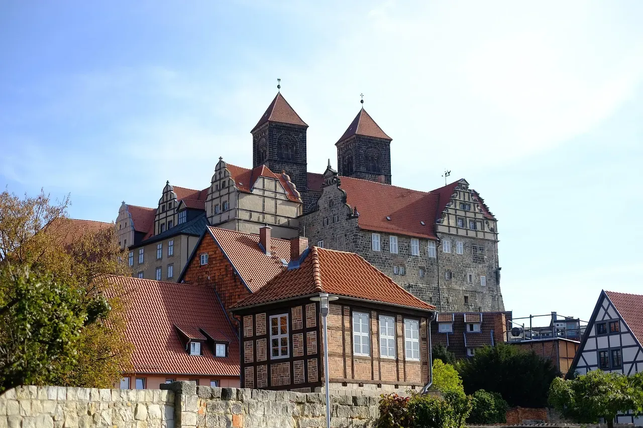 The Schlossberg and the collegiate church of St Servatius above the roofs of Quedlinburg
