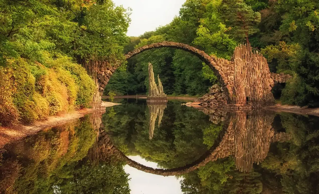 The Rakotzbrücke arch and its reflection in the pond at Kromlau